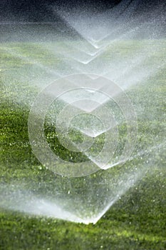 Sprinklers on a green lawn