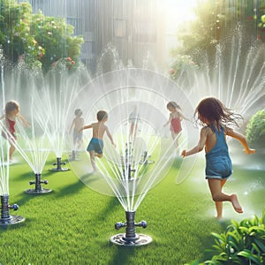 Sprinklers Squirting jets of cool refreshment dot verdant lawn photo