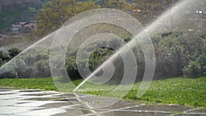 sprinklers water the green lawn in the city park on a summer day