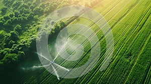 Sprinklers watering green crops, aerial view of farm irrigation.