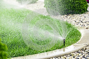 Sprinklers watering lawn