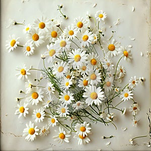 Sprinkling of chamomile flowers on a white surface, embodying simplicity and the delicate touch of nature, an isolated