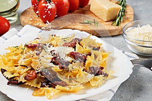 Sprinkling parmesan pasta with sun-dried tomatoes in a white plate on the table. Italian cuisine, ingredients and the