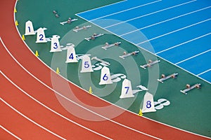 Sprint start line with blocks on track and field