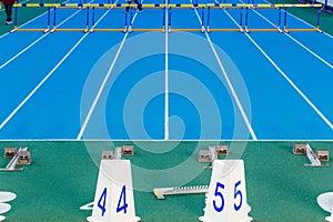 Sprint start line with blocks on track and field