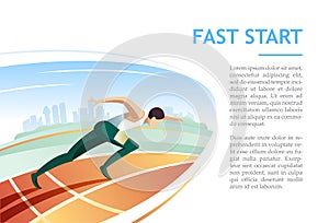 Sprinter fast start on racetrack against city background. Modern vector illustration concept