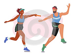 Sprinters Male And Female Characters Pass Baton In Thrilling Relay Race, Exhibiting Speed, Precision, And Teamwork