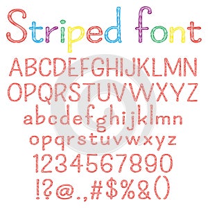 Spriped font. Alphabet, numbers, punctuation marks. One letter, one compound path