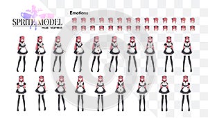 Sprite full length character for game visual novel. Anime manga girl, Cartoon character in Japanese style. Costume of maid cafe.