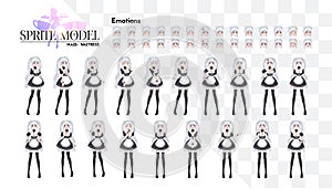 Sprite full length character for game visual novel. Anime manga girl, Cartoon character in Japanese style. Costume of maid cafe.