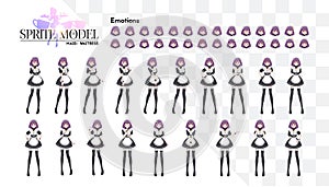 Sprite full length character for game visual novel. Anime manga girl, Cartoon character in Japanese style. Costume of maid cafe.
