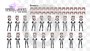 Sprite full length character for game visual novel. Anime manga girl, Cartoon character in Japanese style. Costume of maid cafe.