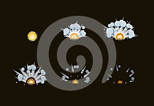 Sprite sheet for cartoon fog fire explosion, mobile, flash game effect animation. 8 frames on dark background.