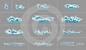 Sprite water splash animation. Shock waves on transparent background. Spray motion, spatter blast, drip. Clear water