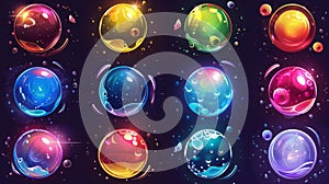 Sprites of a soap bubble burst for entertainment or games. Modern storyboard of a realistic water sphere explosion with