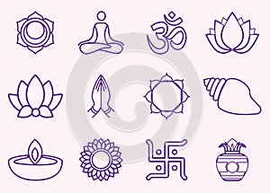 Sprituality hindu religious line icon set in violet color on pink background