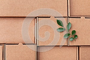 SprLeaves on recycled cardboard boxes top view. Eco, saving energy, zero waste, plastic free and environment conservation concept