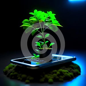 A sprout grows from a mobile phone.