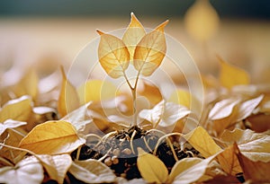 Sprout of a plant grows on fall leaves