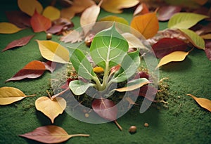 Sprout of a plant grows on fall leaves