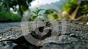 sprout seedling tree growing out crack in concrete pavement