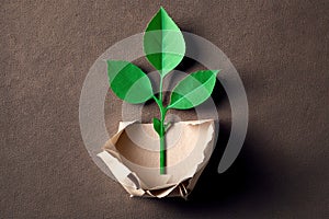 Sprout of small tree with green leaves growing from paper, created with Generative AI technology
