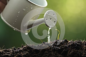 Sprout watered from a watering can on nature background photo