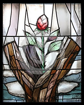 A sprout will sprout from the lichen stump, stained glass window in Chapel in Oberstaufen, Germany