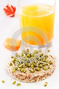 Sprouted grains on puffed wheat cakef, fresh juice, carrots. Healthy food from natural products