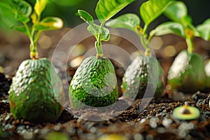 Sprouting Avocado Seeds in Rich Soil A Close Up of Young Avocado Plants Growing in Fertile Earth, Symbolizing Growth, Agriculture