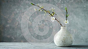 Sprouting branches in a rustic vase on a grey surface