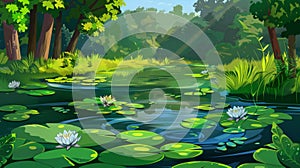 Sprouting forests with swamps and ponds. Modern cartoon illustration of a wooded landscape with green grass, trees, and