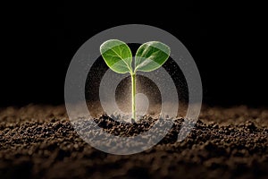 A sprouting seedling emerging from dark rich soil