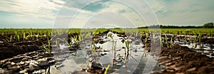 Sprouts in a puddle and mud on the agricultural field. Rainy summer. Banner slider horizontal template. Blurred