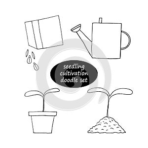 Sprouts, watering can, seeds sowing from a bag vector set icon, sticker. sketch hand drawn doodle style. monochrome minimalism.