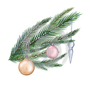 Spruce branch with Christmas decoration digital watercolor style illustration isolated on white. Pine tree, glass ball