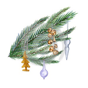 Spruce branch with Christmas decoration digital watercolor style illustration isolated on white. Wooden toy, glass ball