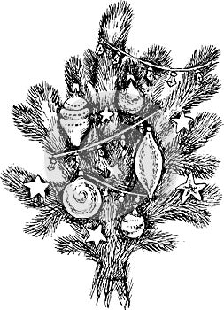 Spruce branch with Christmas toys. Hand drawing of a coniferous plant. Silhouette, black and white vector illustration.