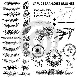 Spruce branches brushes,Pine cones,bow silhouette