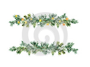 Spruce branches in decorative border. Simple Christmas tree twigs, stars. Fir, pine design