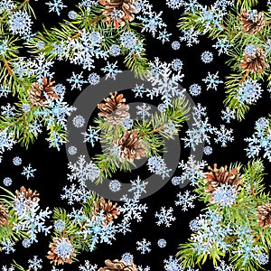 Spruce christmas tree branches, pine cones, snowflakes on background. Seamless pattern for winter wrapping paper