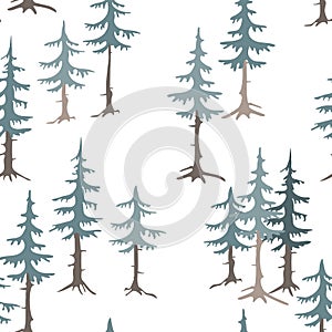 Spruce, fir trees silhouettes seamless pattern, forest background. Hand drawn vector illustration. Design concept for