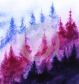Spruce forest in the fog. lilac, blue, blue silhouettes of spruce. Background illustration. Hand drawn watercolor illustration