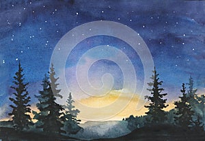 Spruce forest landscape with night sky watercolor illustration in the morning