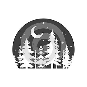 Spruce forest night nature landscape with half moon camping vintage logo design vector