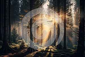 spruce forest at sunrise, with rays of sunlight filtering through the trees