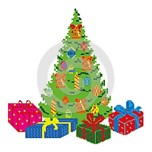 Spruce with gifts, toys and decorations for the New Year, painted in squares, pixels. Vector illustration