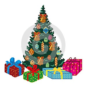 Spruce with gifts, toys and decorations for the New Year, painted in squares, pixels. Vector illustration