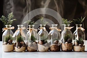Spruce, pine and juniper seedlings in glass jars. Ecological Christmas gifts. Sustainable concept