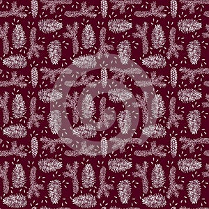 Spruce seamless pattern isolated on red. Picea branch, cone, seed.